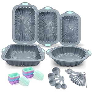 To encounter 46 Pieces Silicone Baking Pans Set, Metal Framed Cake Molds, Nonstick Fluted Loaf Pans for Muffin, Bread, with Silicone Cupcake Mold, Measuring Cups and Spoons Set, Light Grey