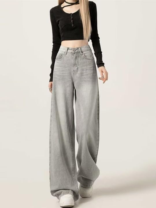 Image of KOTTY Women Trendy Wide Leg Jeans High Waist Baggy Fit Denim Streetwear Jeans