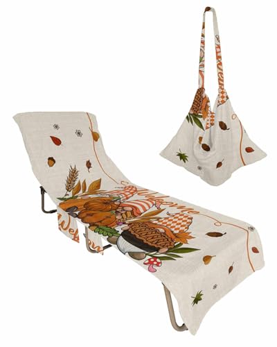 Pumpkin Gnomes Beach Chair Towel Covers for Chaise Lounge with Side Pocket, Soft Plush Pool Towels Cover for Patio Sunbathing Outdoor 29''x85'' Fall Thanksgiving Harvest Autumn Beige