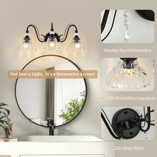 Image of Black Bathroom Vanity Light, 3-Light Matte Black Finish Farmhouse Wall Sconce with Hanging Crystal Accents and Flower-Shaped Clear Glass Shades, Retro Wall Mount Vanity Light Over Mirror for Bathroom