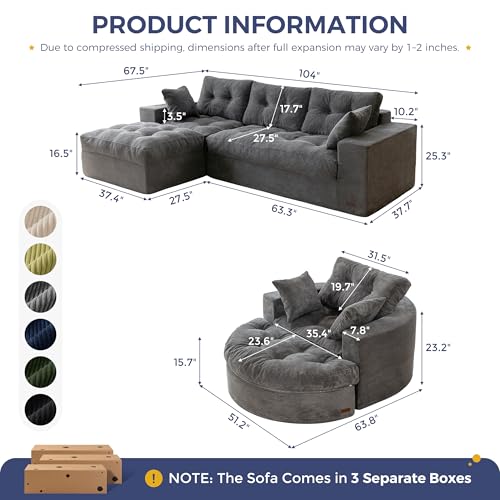 Image of MAXYOYO L Shape Sectional Sofa Couch and Round Chaise Lounge, Modern Cloud Couch with Ottoman, Comfy Sofa with Layered Cushion, Tufted Upholstered Sleeper Chair for Living Room, No Assembly Required
