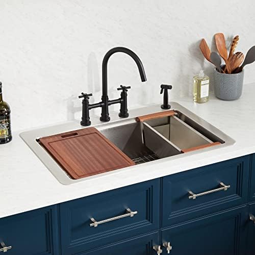 Signature Hardware 481918 Melbrook 33" Drop In Single Basin Stainless Steel Kitchen Sink with 4 Faucet Holes at 8" Centers, Basin Rack, Colander and Cutting Board