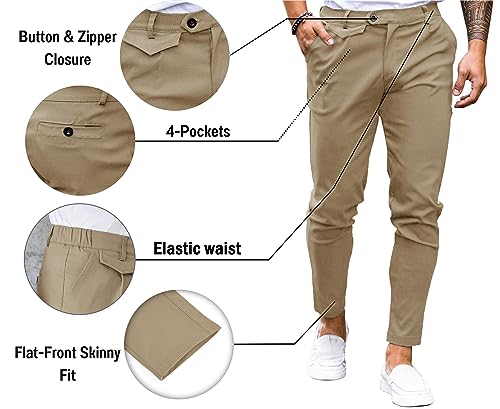 Image of Mens Chinos Slim Fit Pants Stretch Tapered Dress Pant Casual Trousers | Skinny Slacks, Flat Front Design, Stretch Cotton Fabric, Solid or Plaid, Work Dress Pants, Business Casual Wear
