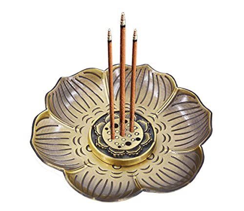 meifan Incense Stick Holder, Brass Incense Burner 9 Incense Holes with Detachable Ash Catcher Retro and Elegant Fragrance Accessories (Lotuses)