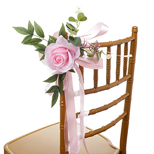 JYCAR Lot de 6 décorations d'allée mariage, fleurs artificielles rustiques avec rubans en mousseline pour cérémonie, réception, chaise d'église, banc, décoration mariage Rose 18.11x10.62 inch