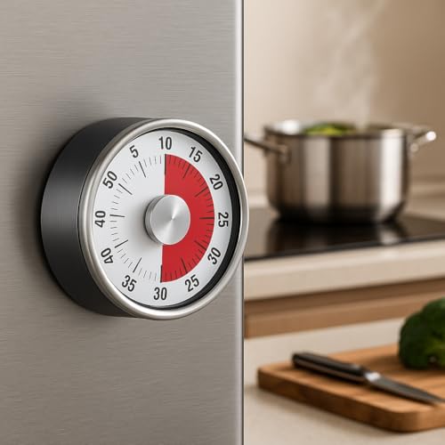 Image of Mechanical Kitchen Timer - 60 Minute Stainless Steel Countdown Clock | Magnetic Visual Timer for Cooking, Study, Fitness, Baking, Pomodoro | Battery-Free, Multicolour