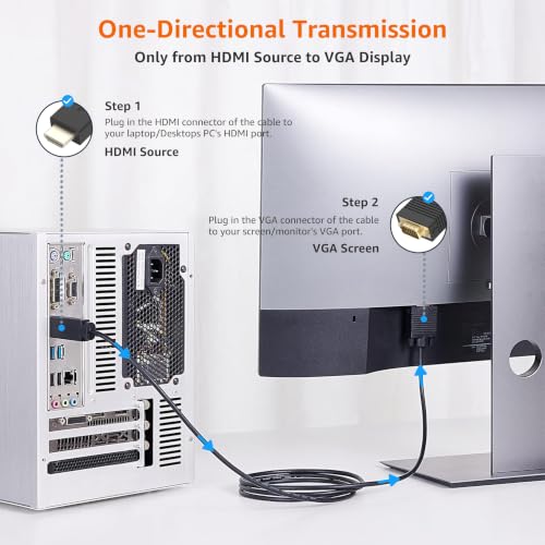 Image of Amazon Basics HDMI (Source) to VGA (Display) Cable (ONE-Directional), Male to Male, 1080P, Gold-Plated, 6 feet, Black (Pack of 2)