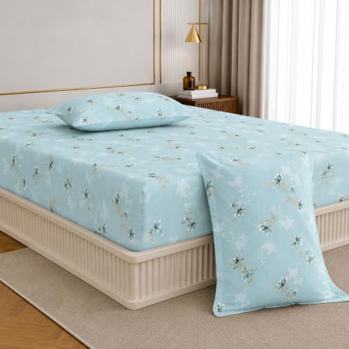 Image of King Size Elastic Fitted Bedsheet, 100% Pure Cotton King Size Fitted Bedsheet for Double Bed with 2 Pillow Covers, 240 TC, 72x78 Inches up to 8-inch Mattress, Floral (Serene Blue)