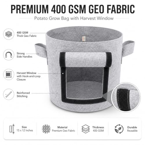 Image of Casa De Amor 15x12 Inch Potato Grow Bags for Root Vegetables, Geo Fabric 400 GSM Plant Bag (Light Grey Color, Pack of 2)