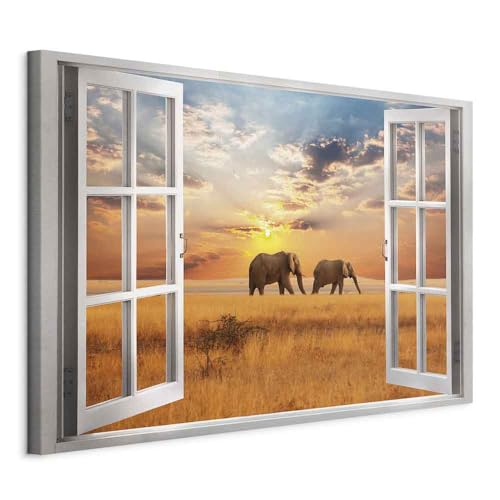 murando - Wandbilder XXL Fensterblick 120x80 cm 1 tlg - Wand Deko Vlies Leinwand Bilder Groß Wanddeko Wohnzimmer Schlafzimmer Kunstdrucke - Afrika Elefant c-C-0388-b-a