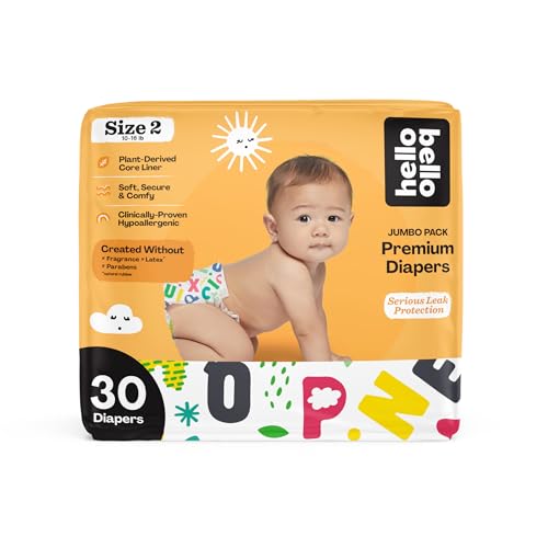 Image of Hello Bello Premium Baby Diapers Size 2, 30 Count of Disposable, Extra-Absorbent, Hypoallergenic Baby Diapers with Snug and Comfort Fit, Alphabet Soup