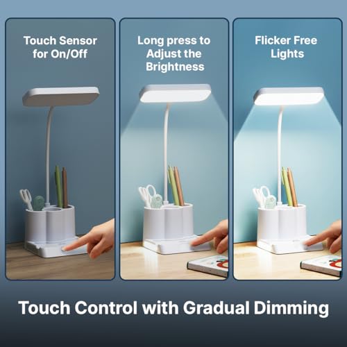 Image of pTron 5W EaseMate Study Lamp L1, 6 Hrs Runtime max., Seamless Dimming, 3 Colour Modes, Adjustable Brightness Levels, Table Lamp for Study, Pen Stand, Night Lamp, Flexible Neck, Type C Charging (White)