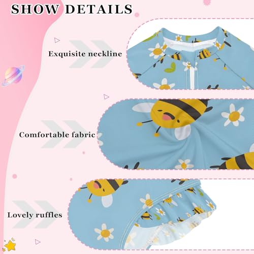 ALAZA Bee Flower Blue Cartoon Girls One Piece Swimsuit Long Sleeve Rash Guard Swimsuits UV 50+ Swimwear Zipper4
