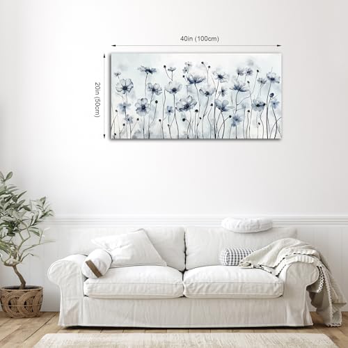 Image of VEAEE Framed Flowers Canvas Wall Art - Indigo Floral Canvas Pictures, Living Room Wall Decor, Botanical Canvas Prints Painting Abstract Artwork Bedroom Office Home Decor 20 inchx 40 inch