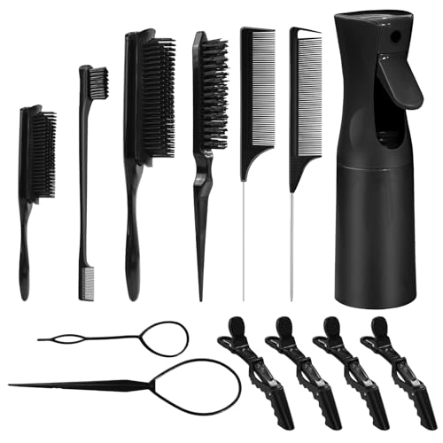 Hair Brush Set with Continuous Hair Spray Bottle 6.8oz/200ml, Hair Styling Comb Set Rat Tail Combs for Toddlers, Hair Clip,Edge Brush, Braiding, Slicking Hair for Women, Men (Black)