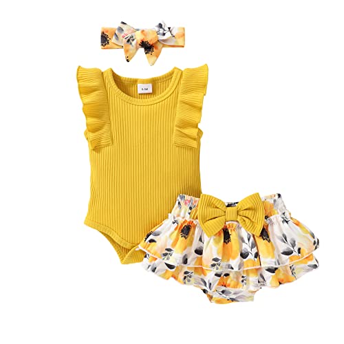 Image of Tiny Cutey Baby Girl Clothes Infant Summer Outfits Set Ruffle Sleeve Romper and Floral Shorts with Headband