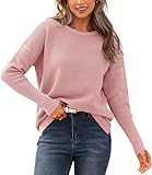 BTFBM Casual Women 2025 Fall Sweater Long Sleeve Ribbed Knit Pullover Loose Crewneck Batwing Split Sweater(Light Pink,Small)
