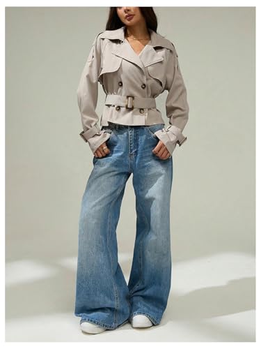 SOLY HUX Women's Double Breasted Short Trench Coat Belted Long Sleeve Lapel Collar Loose Jacket Outerwear4