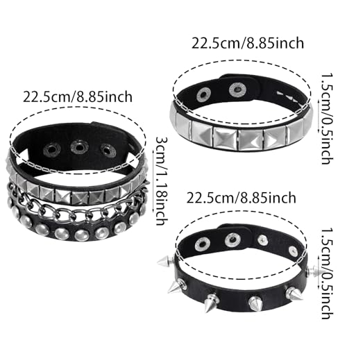 hoyuwak 3pcs Unisex Punk Gothic Leather Cuff Bracelet - Adjustable Spiked Rivet for Punk/Emo/Goth/80s Rock, Cosplay/Halloween/Daily Edgy Style2