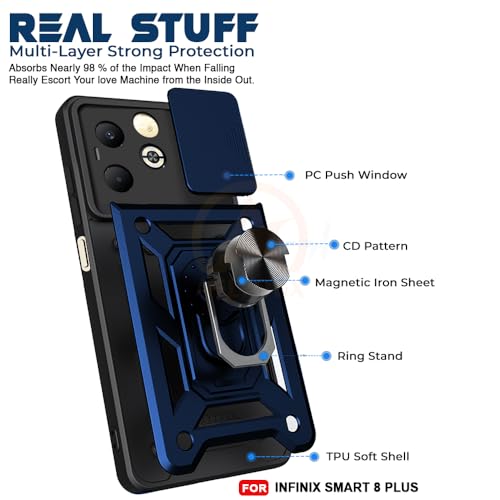 Image of Armor Bumper Back Cover Case for Infinix Smart 8 Plus | Rotating Camera Cover, Ring Holder & Kickstand | Heavy Duty & 360 Degree Protection Infinix Smart 8 Plus Back Cover (Blue)