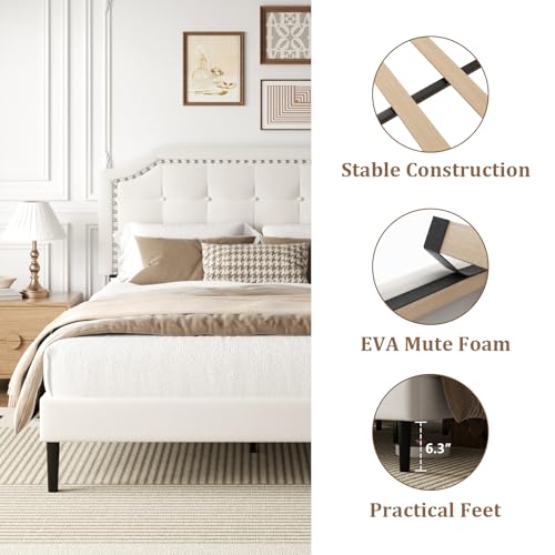 Queen Size Bed Frame, Queen Size Platform Bed Frame with Upholstered Button Tufted Headboard, Strong Wood Slats, No Box Spring Needed, Mattress Foundation, Easy Assembly Beige - Image 5