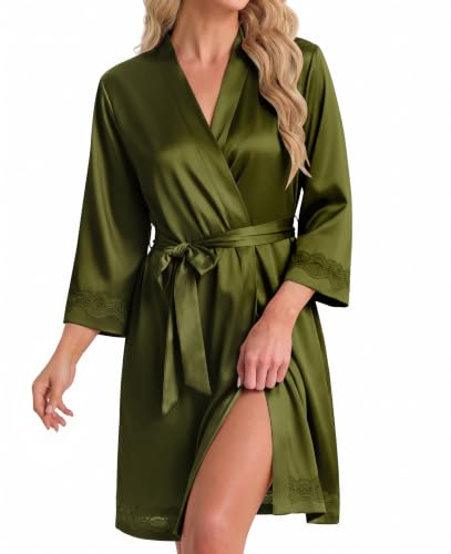 Image of Ekouaer Women Silky Satin Robe Lace Bridesmaid Bathrobes Kimono Loungewear