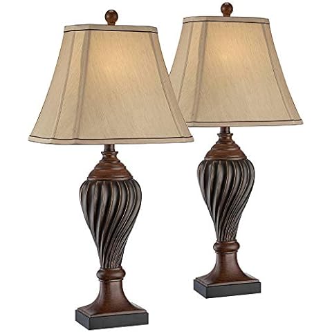 Regency Hill Carved 28 1/2" Tall Urn Traditional End Table Lamps Set of 2 Two-Tone Brown Finish Beige Shade Living Room Bedroom Bedside Nightstand House Office Home Kitchen Entryway Console Family Cover