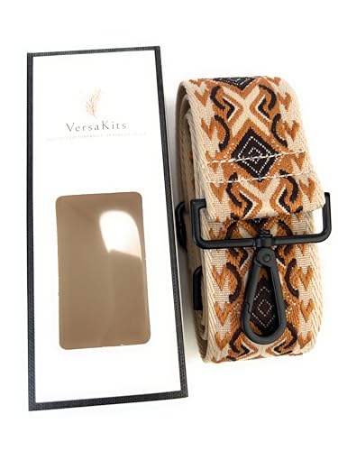 Image of Beige Brown Boho Diamond Purse Strap with Matte Black Hardware 2 Inch Wide Replacement Crossbody Guitar Style Shoulder Strap for Handbags Totes