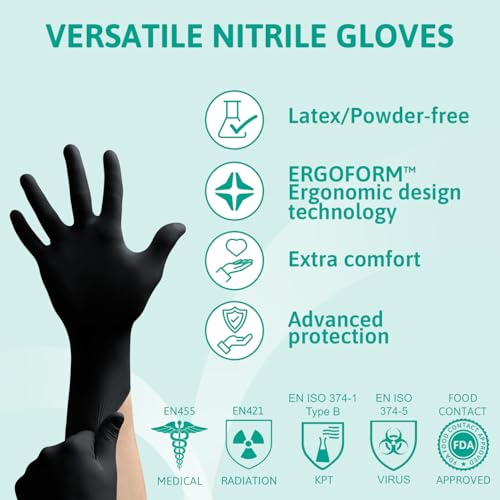 Ansell MicroFlex 93-852 Disposable Gloves, Latex and Powder-Free, Food Certified, Chemical and Mechanical Protection, Multipurpose Professional, Black Size XL (100 Pieces)