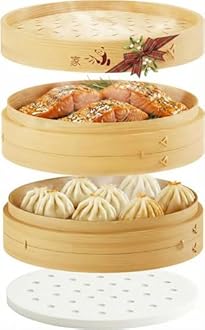 Prime Home Direct Bamboo Steamer Basket 8-Inch | 2-Tier Steamer for Cooking | 50 Liners | Small Instant Steaming Cookware Asian Food, Bao Buns, Chinese, Dim Sum, Dumpling, Rice, Vegetable Steam Pot