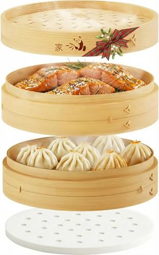 Prime Home Direct Bamboo Steamer Basket 8-Inch | 2-Tier Steamer for Cooking | 50 Liners | Small Instant Steaming Cookware Asian Food, Bao Buns, Chinese, Dim Sum, Dumpling, Rice, Vegetable Steam Pot