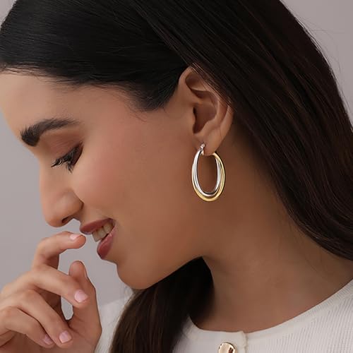 Image of TRUESILVER ACPL 925 Sterling Silver Hoop Earrings for Women | BIS Hallmarked Two-Tone & Three-Tone Intertwined Hoop Earrings | Oval & Round Lightweight Jewelry