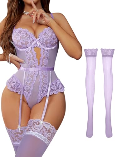 Image of Lilosy Sexy Stocking Lace Mesh Bodysuit Top Underwire Garter Lingerie Set 3 Piece