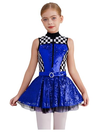 Girls Racer Cheer Leader Uniform Sequined Sleeveless Leotard with Checkered Tutu Skirt Outfit Royal Blue 10 Years