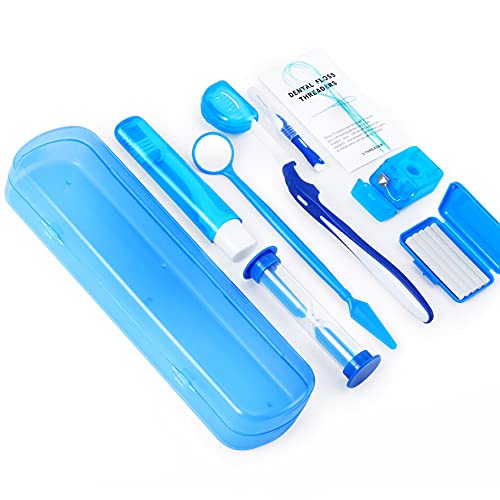 Annhua Braces Cleaning Kit 8 Pack, Orthodontic Travel Dental Care Set with Interdental Brushes, Brace Wax, Floss Threader, Oral Mirror & Timer - Portable for Teeth Aligners, Retainers - Blue