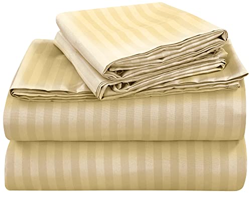 Image of ROYALE LINENS 4 Piece Cal King Sheets Set - Soft Brushed Microfiber Bedding - 1 Fitted, 1 Flat Sheet, 2 Pillow Cases - Wrinkle Free & Fade Resistant - Hotel Luxury Bed Sheets (Stripe Sand, Cal King)