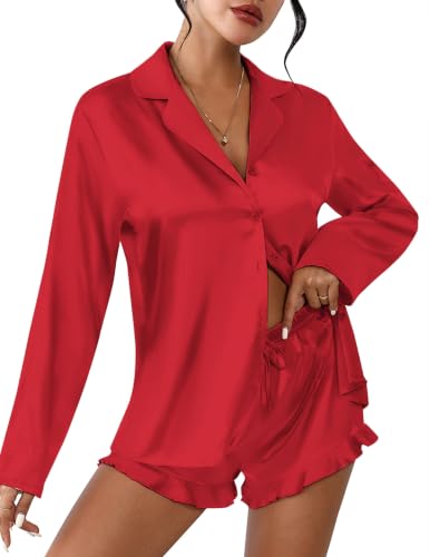Image of Ekouaer Womens Satin Pajama Sets Cute Button Down Silk Pjs with Ruffle