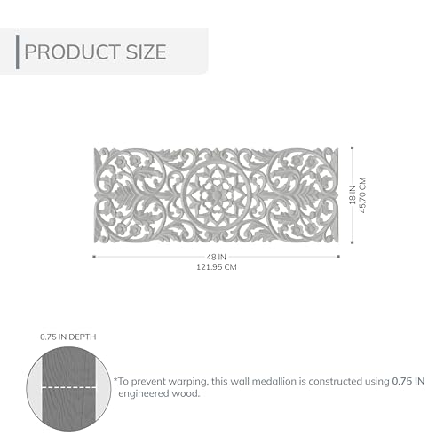Image of JFY Designs Lisle Hand Carved Wood Medallion Wall Panels Bedroom Decor | Wall Mount Floral Sculpture Wall Art for Living Room, Bedroom Set, White Distressed Finish, Rectangular 18 x 48 inch
