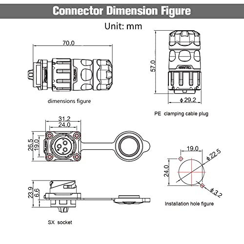Conector impermeable de 3 polos para cable de aviación e industria exterior 3