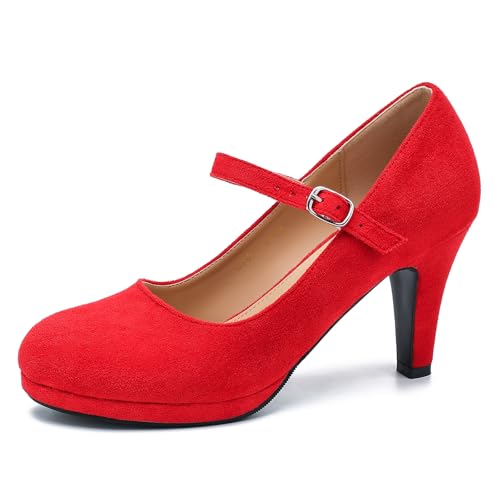 Women's Pumps Close Toe High Heels Classic Round Toe Mary Jane Comfortable Low Platform Ankle Strap Dress Shoes