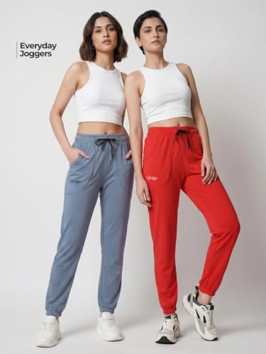 Image of Fflirtygo Cotton Solid Joggers /Track Pant /Solid Pajama /Leggings �100% Export Quality Soft Cotton Night Wear /Pocket Pyjama for Women Combo Pack of 2Pcs, Blue and Grey