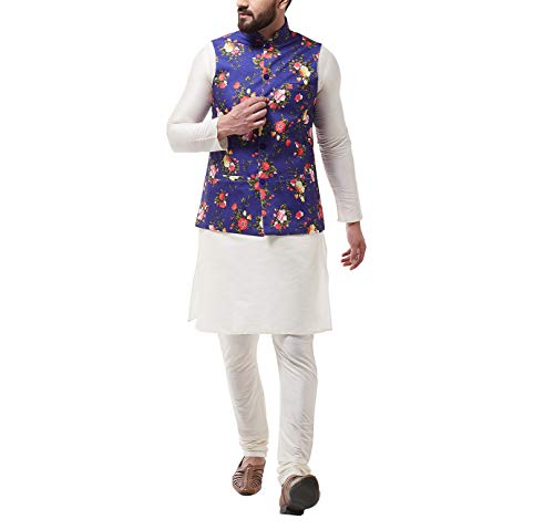 Image of SOJANYA (Since 1958, Men's Silk Blend Pink Kurta Pyjama & Printed Nehrujacket Combo