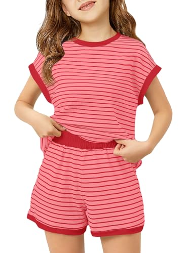Haloumoning Girls 2 Piece Lounge Set Kids Striped Knit Short Sleeve T-Shirts Elastic Waist Shorts Casual Summer Clothing Sets