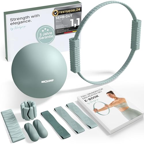 NEOLYMP Pilates Set für Zuhause – Pilates Ball, Pilates Ring & Gewichte – Komplettes Pilates Zubehör Set – inkl. Pilates Bänder, 1kg Hanteln & E-Book – Pilates Essential Kit (Basic, Sky Blue)