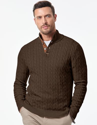Image of JMIERR Men's Cable Knit Pullover Sweater Casual Long Sleeve Stand Collar Button Knitted Sweaters
