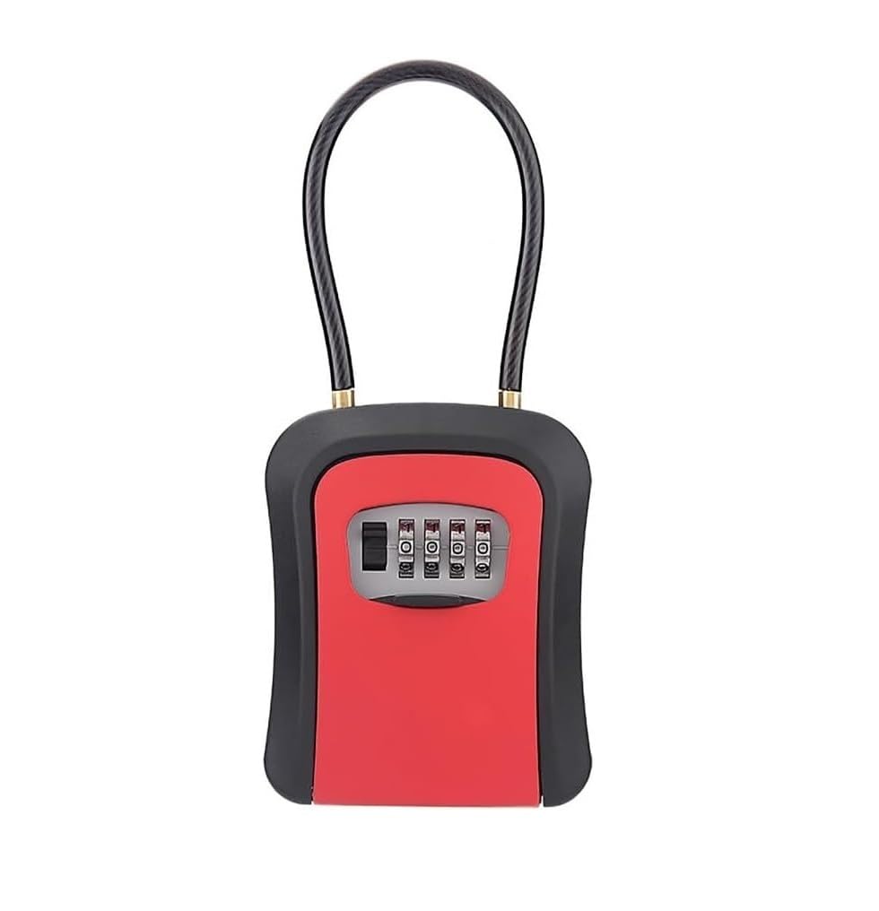 Portable Key Storage Box With Removable Shackle,Weatherproof Resettable Code House Safe Security Lock(Red)