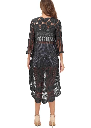 Anna-Kaci Women's Crochet Long Vest Boho Short Sleeve Kimono Cardigan Swimwear Cover up3