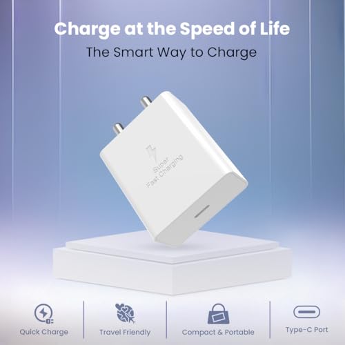 Image of 45W Super Fast Charger Compatible with Samsung Galaxy S24 /S23 /S22 /S21 /S20 (Ultra /Plus /Fe), Note 20 /20+ /10(All Series), Z Fold /Flip /S /A /F /M Series | Type C PD 3.0 Charger Adapter, White