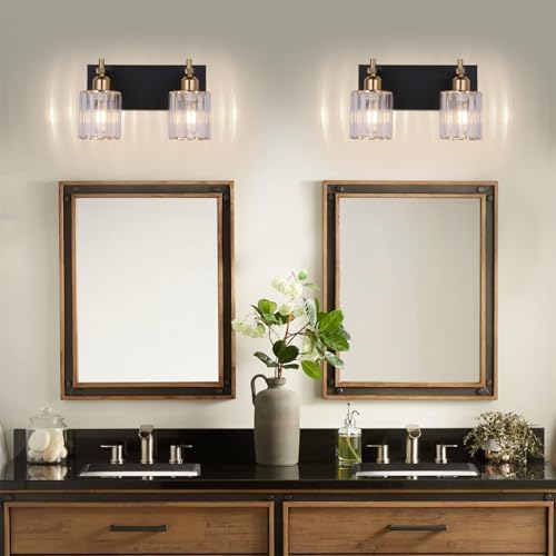 Image of Black and Gold Bathroom Vanity Lights, 2-Light Crystal Bathroom Light Fixtures Over Mirror, 14 Inch Modern Farmhouse Vanity Light, Brass Gold Wall Sconces for Bath Mirror Kitchen Hallway Cabinet