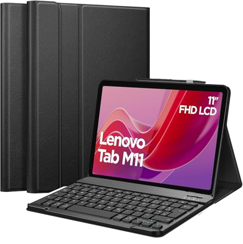 KTOITION Hülle mit Tastatur für Lenovo Tab M11 11 Zoll 2024 (TB330FU/TB330XU) Tastaturs für Lenovo Tab M11(QWERTZ) Schutzhülle mit Pen Halter Wireless Abnehmbare Bluetooth Tastatur Schwarz